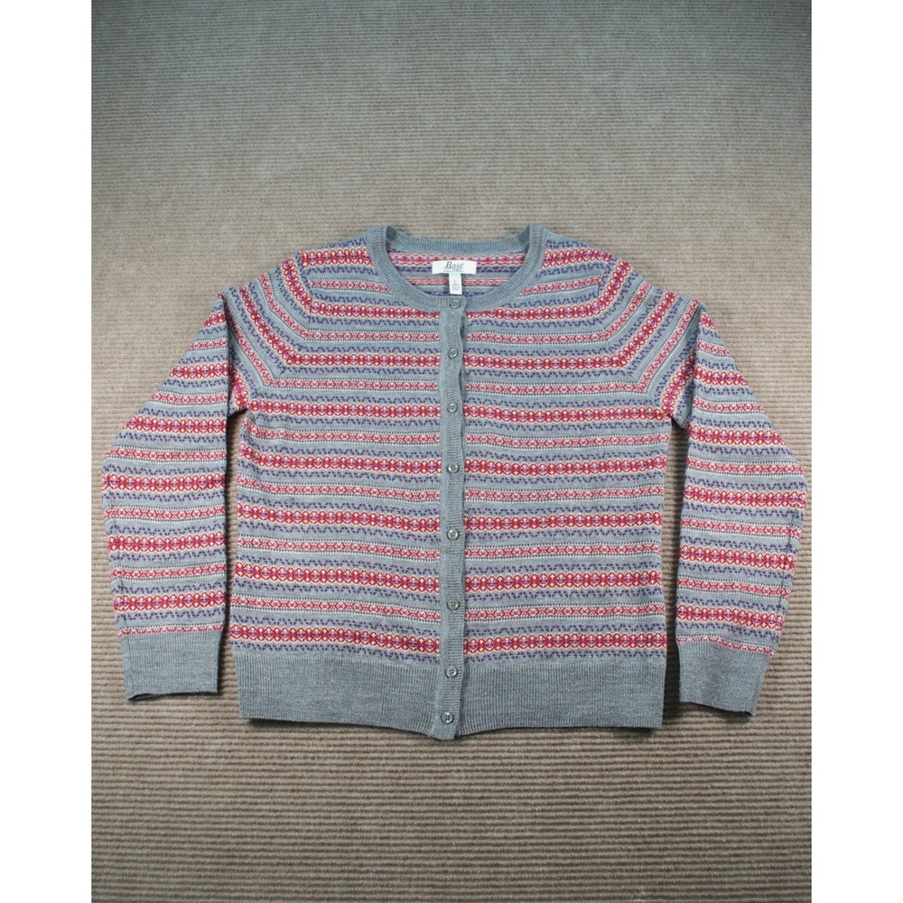 G.H. Bass Fair Isle Cardigan Sweater Gray Red Knit Button Front L Flawed